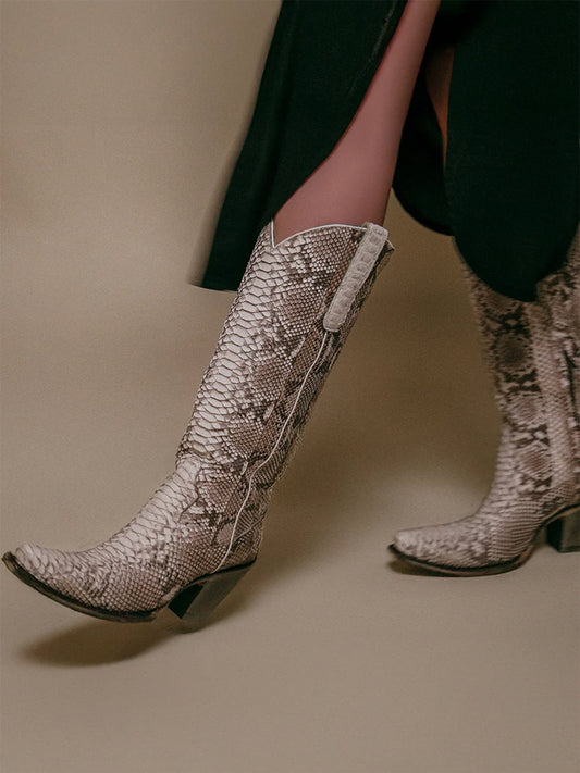 Snakeskin Snip-Toe Half-Zip Simple Knee High Cowgirl Boots
