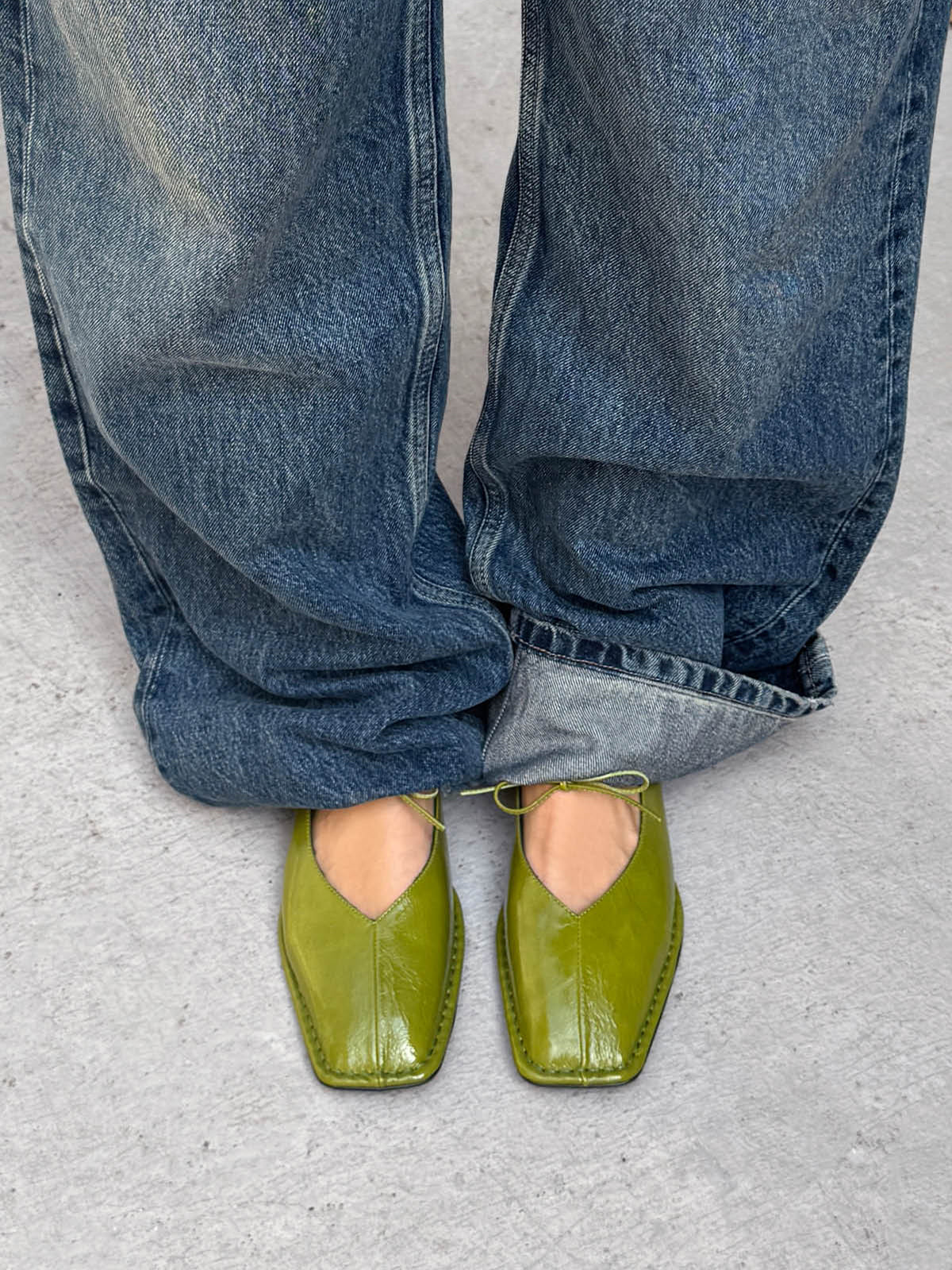 Green Square-Toe Middle Strap Simple Chic Ballet Flats