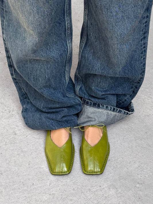 Green Square-Toe Middle Strap Simple Chic Ballet Flats