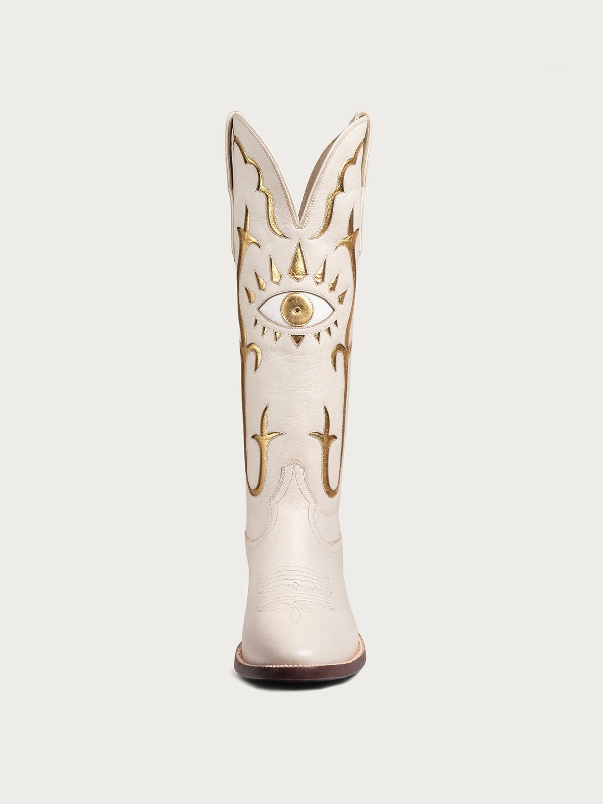 Bone Almond-Toe Gold Evil Eye Inlay Wide Calf Knee High Western Cowgirl Boots