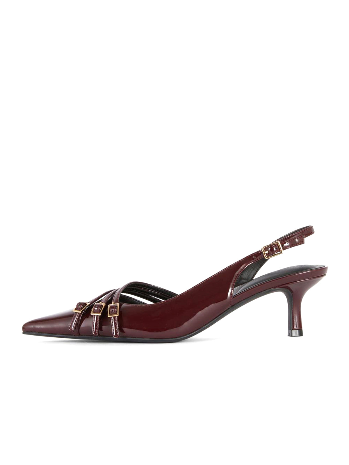 Patent Burgundy Pointed-Toe Front Three Straps Slingback Kitten Heels