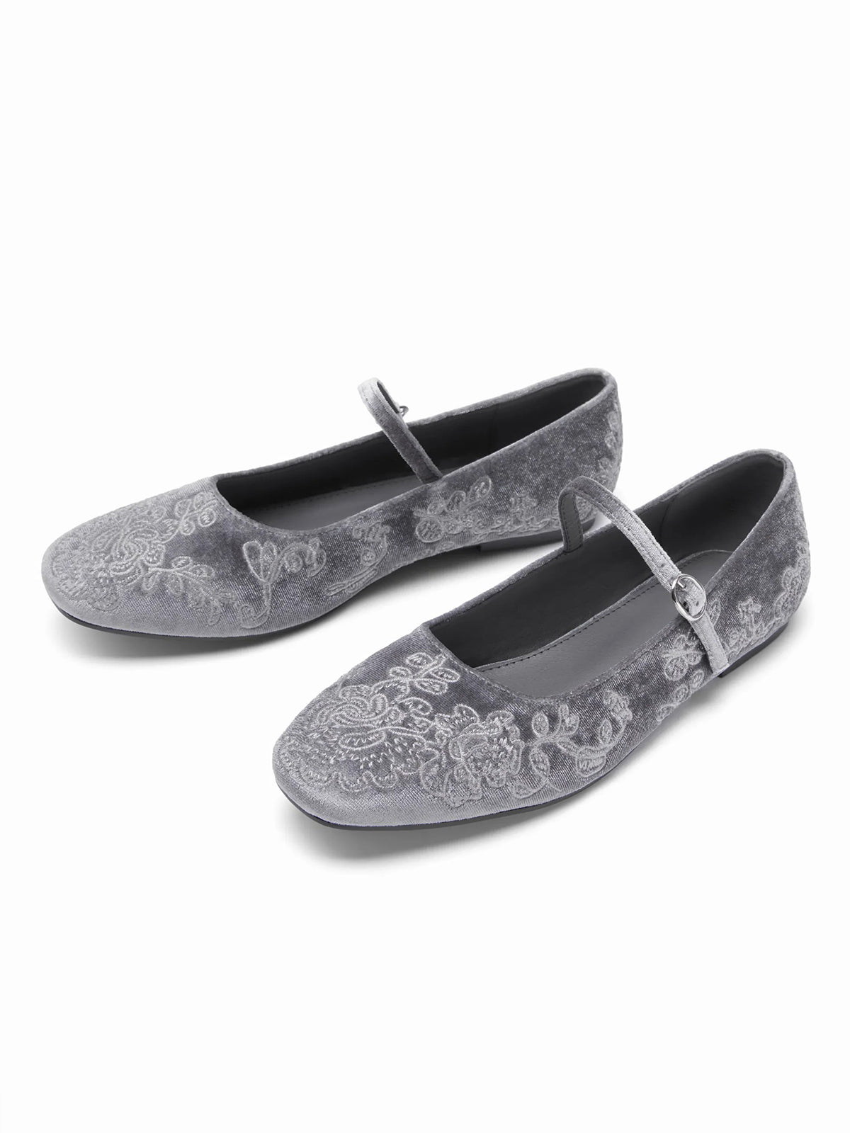 Gray Velvet Square-Toe Leaves Embroidery Chic Mary Jane Ballet Flats