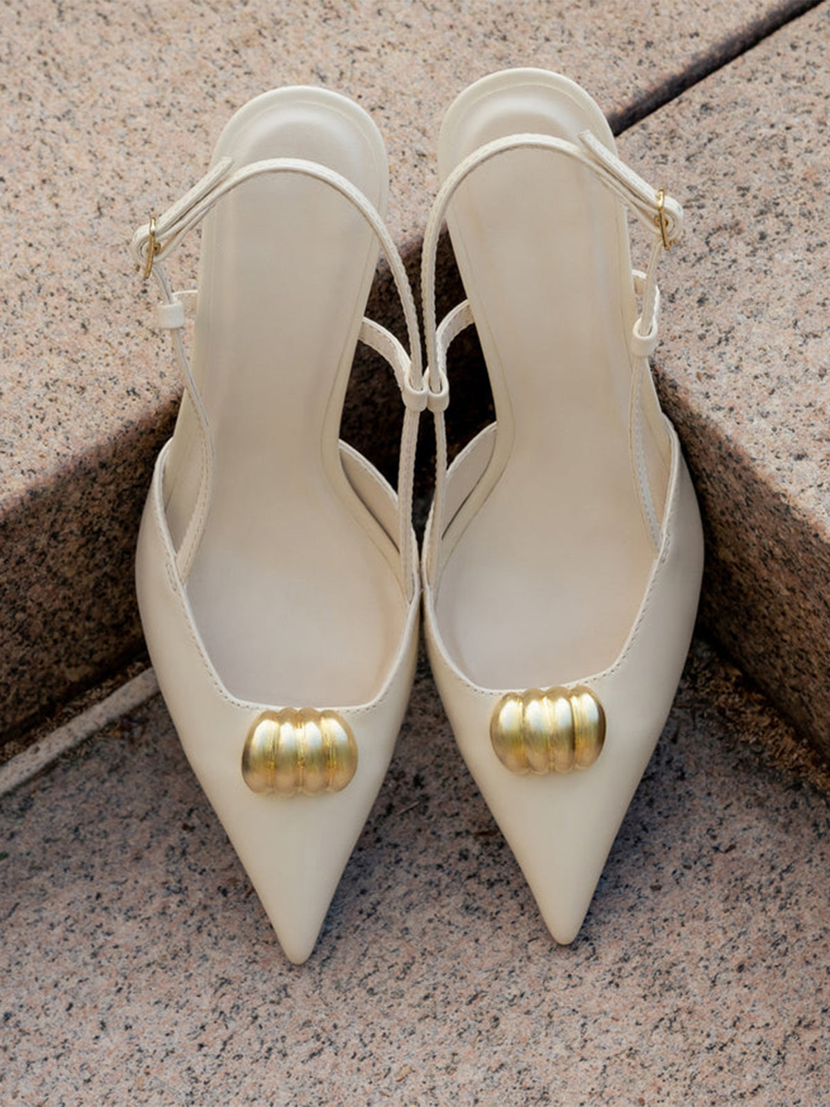 Bone Pointed-Toe Embellished Toe Slingback High Heels