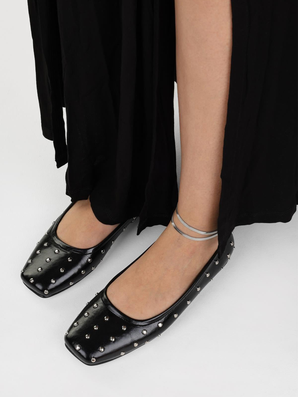 Black Square-Toe Tiny Studs Slip-On Flats