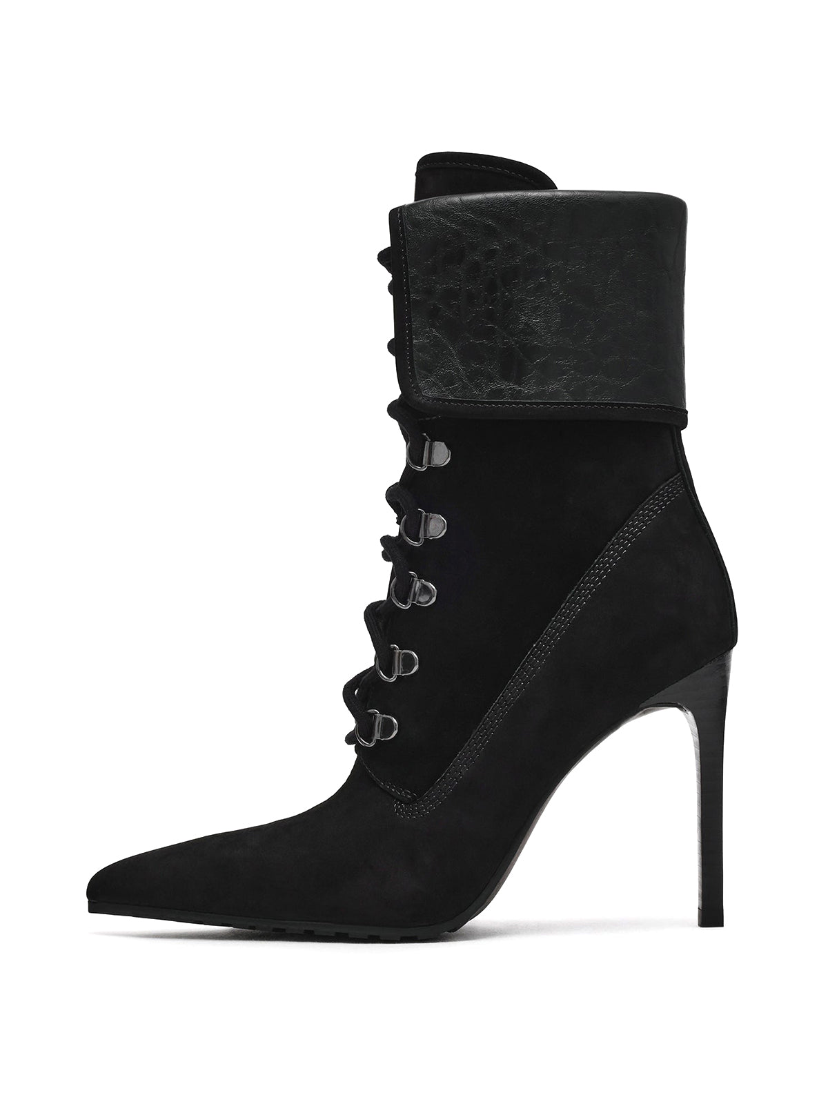Black Pointed-Toe Lace-Up Chic Ankle Stiletto Boots