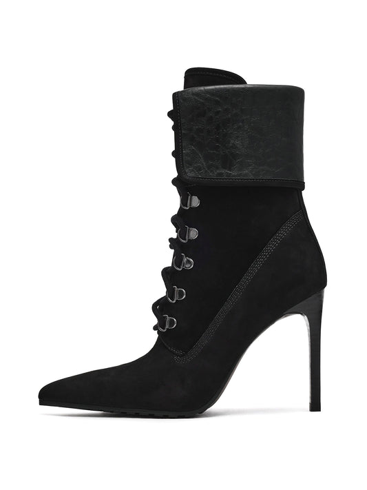 Black Pointed-Toe Lace-Up Chic Ankle Stiletto Boots