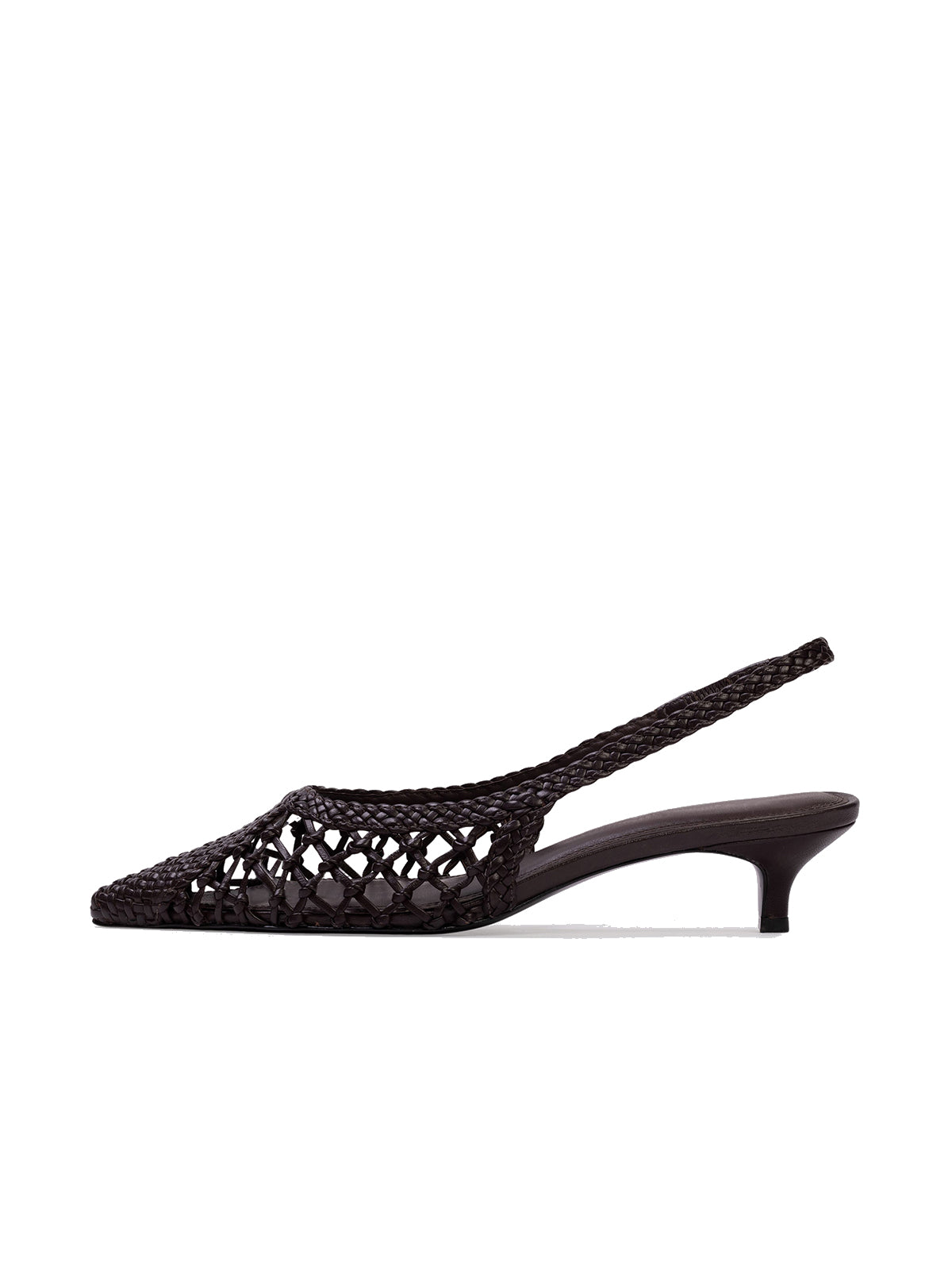 Black Woven Vegan Leather Pointed-Toe Slingback Kitten Heels