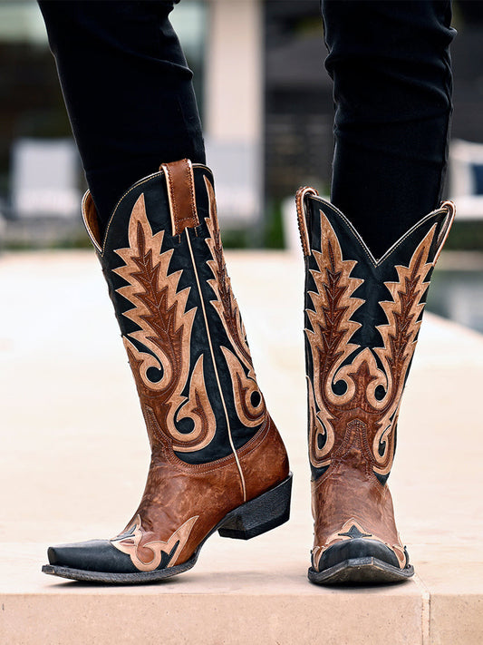 Contrast Double Color Snip-Toe Stitch And Applique Mid Calf Cowgirl Boots