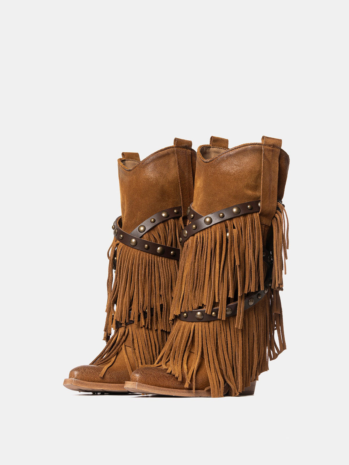 Tan Faux Suede Snip-Toe Studded Straps Fringe Mid Calf Cowgirl Boots