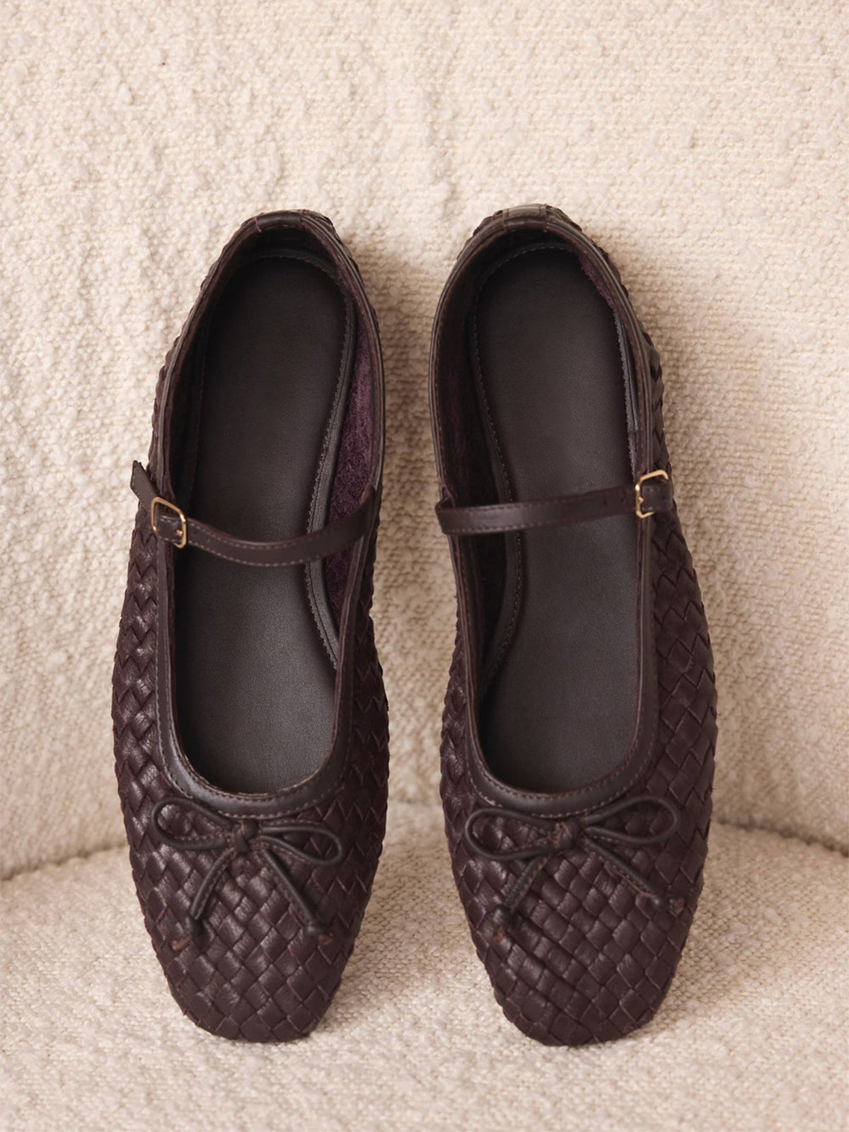 Burgundy Woven Vegan Leather Square-Toe Front Bow And Mary Jane Flats