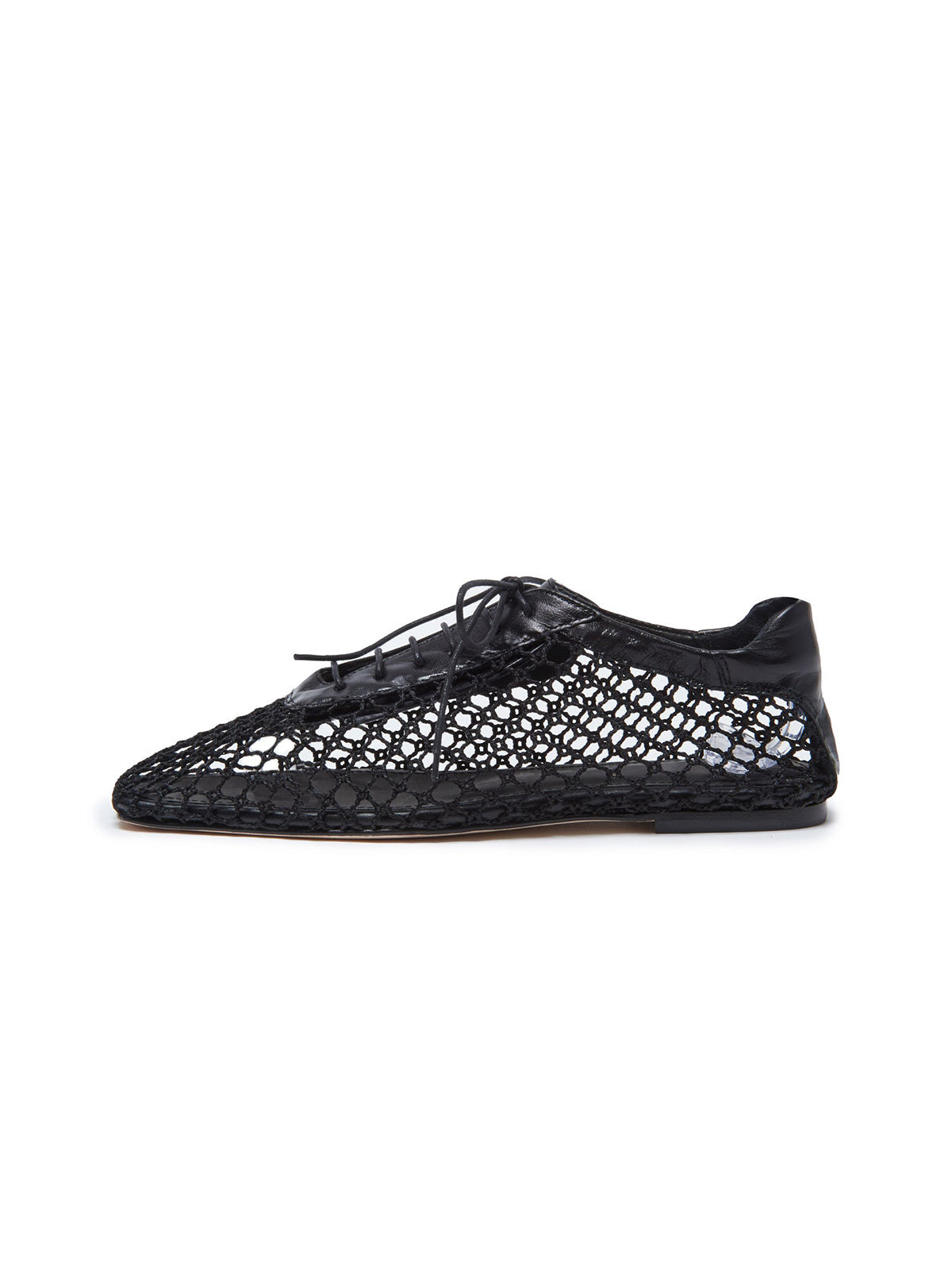 Black Mesh And Vegan Leather Square-Toe Lace-Up Chic Flats