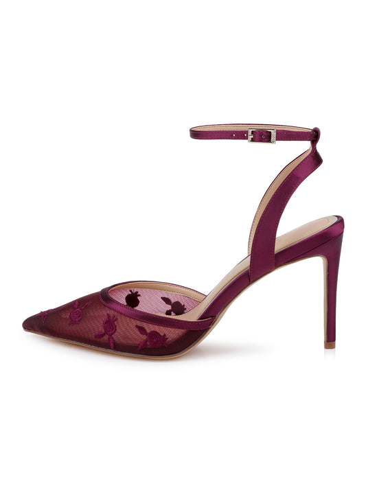 Burgundy Mesh And Satin Pointed-Toe Back And Ankle Strap Chic High Heels