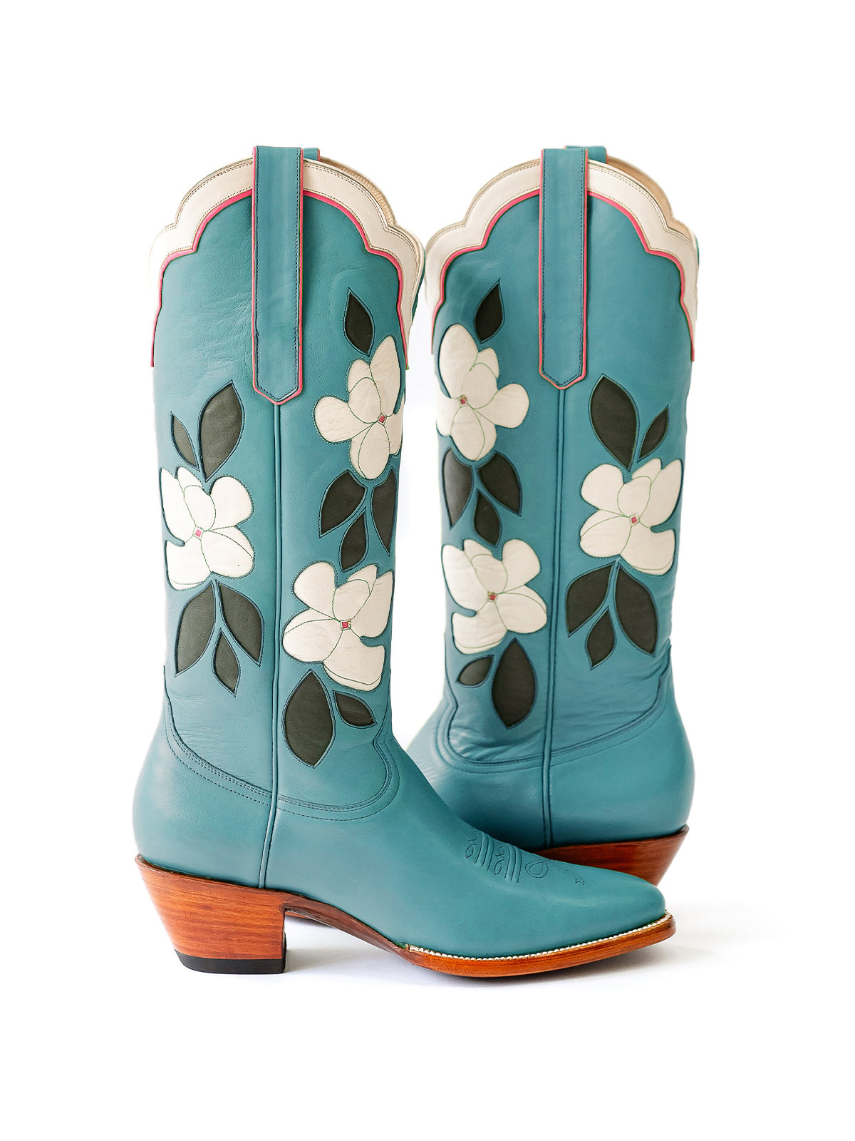 Ink Blue Almond-Toe White Flower Inlay Wide Calf Knee High Cowgirl Boots