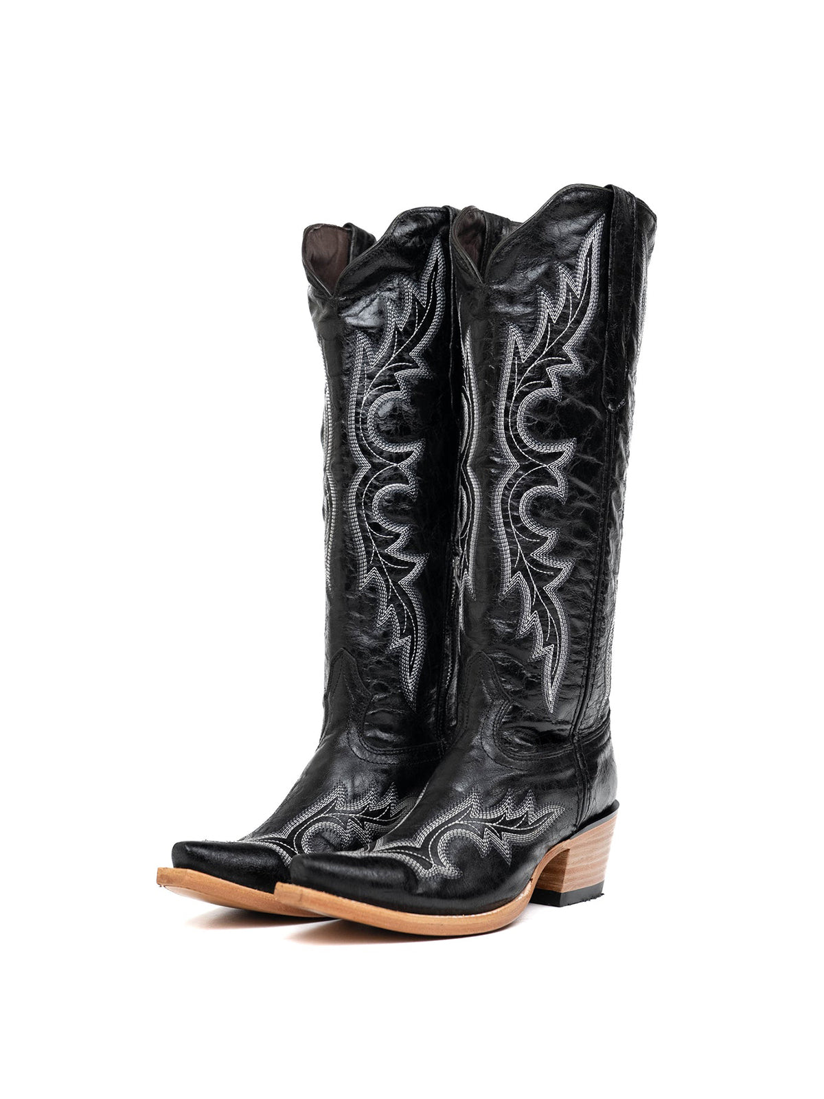 Distressed Black Snip-Toe Half-Zip Classic Embroidery Knee High Tall Cowgirl Boots