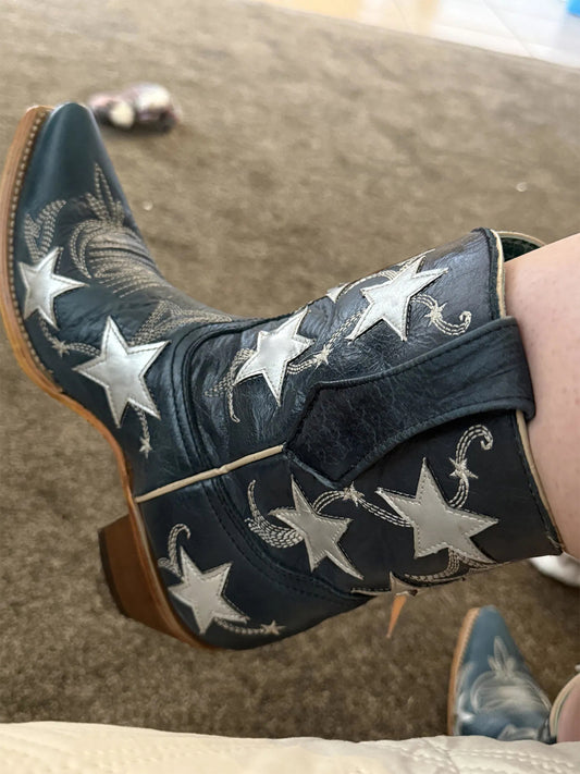 Navy Snip-Toe Star Inlay With Embroidery Ankle Cowgirl Boots