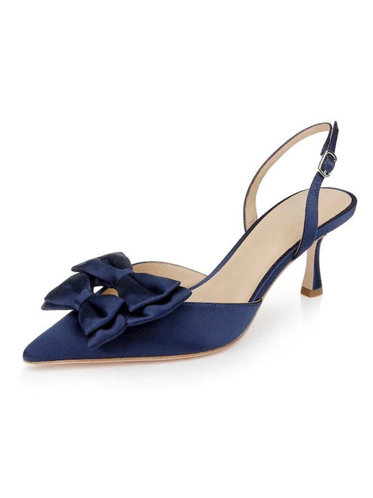 Dark Blue Satin Pointed-Toe Front Double Bows Slingback High Heels