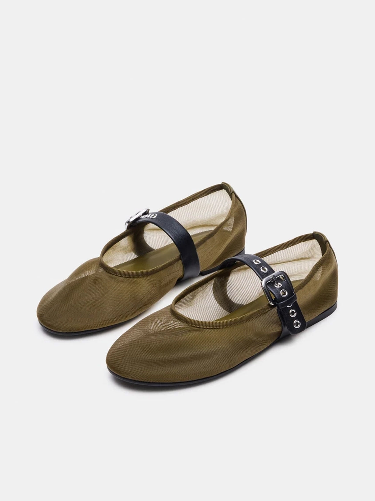 Olive Green Mesh Round-Toe Bridge Buckle Strap Ballet Flats