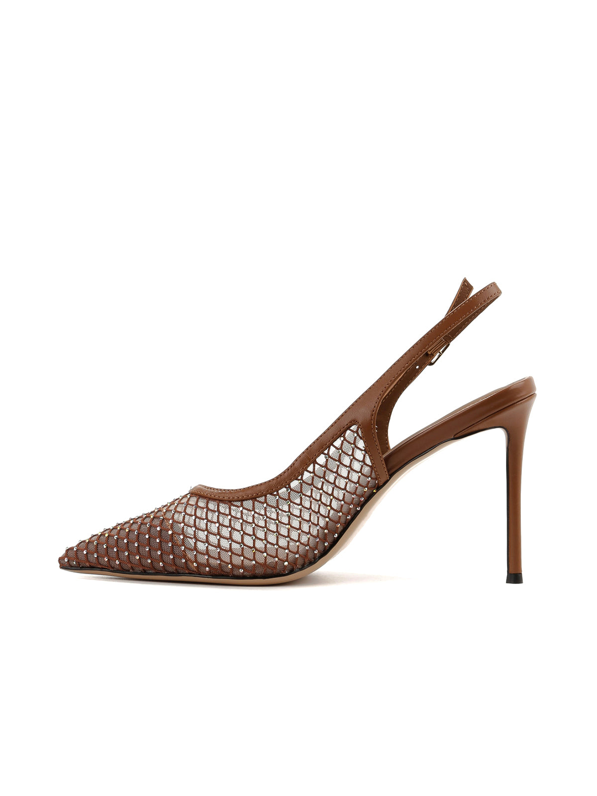 Brown Mesh With Rhinestones Pointed-Toe Back Strap High Heels