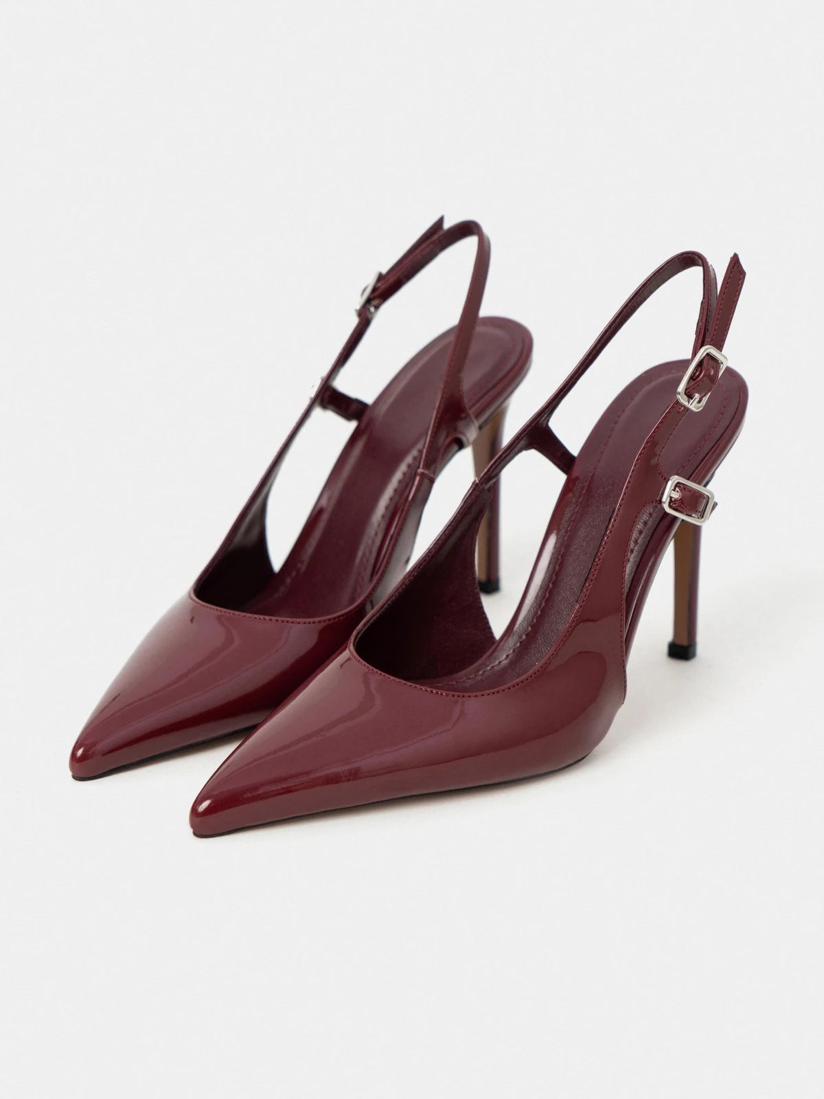 Patent Leather Pointed-Toe Buckle Back Strap Chic High Heels - Burgundy