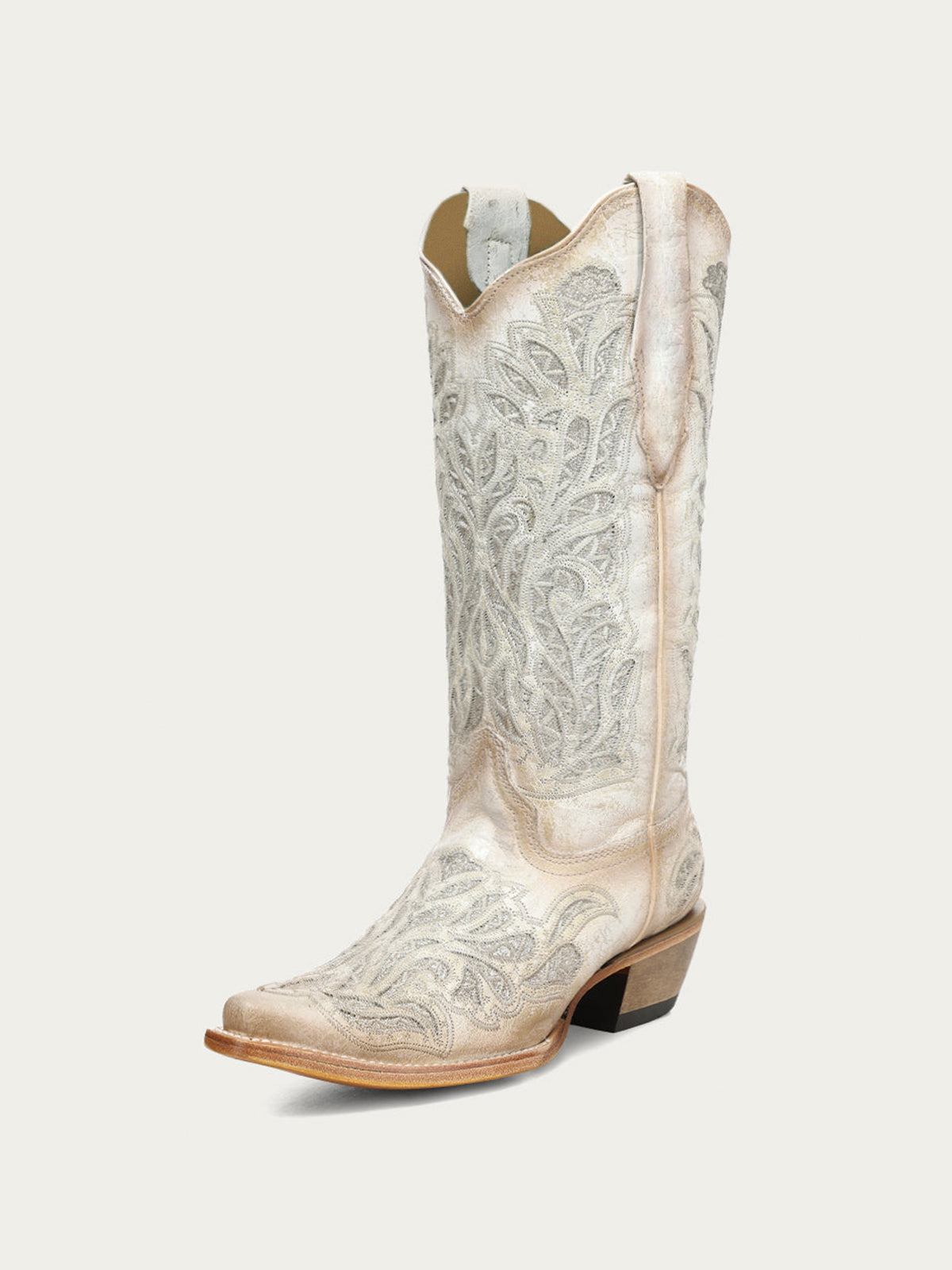 Distressed Ivory Snip-Toe Glitter Inlay And Embroidery Mid Calf Cowgirl Boots