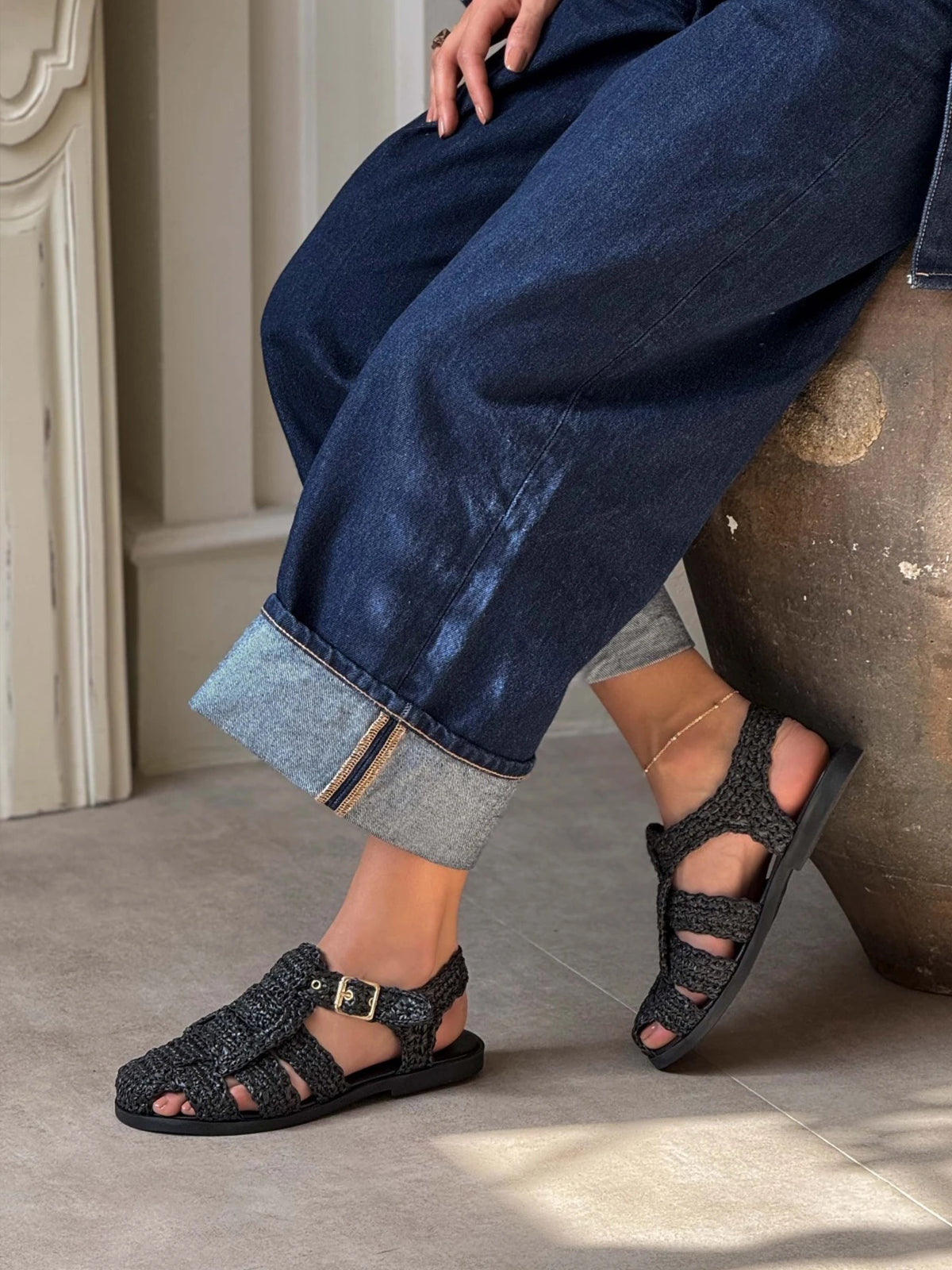 Black Grass Woven Round-Toe Caged Detail Buckle Strap Flats