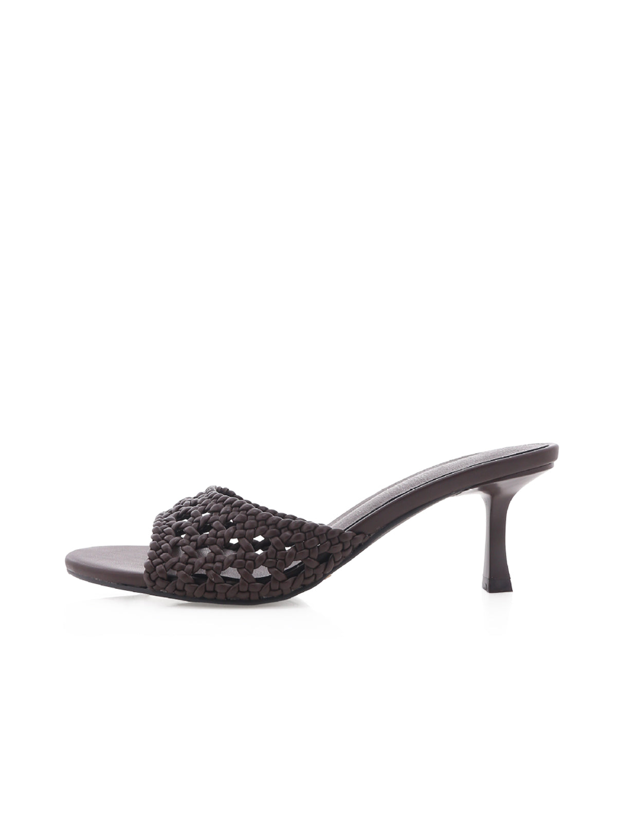 Chocolate Vegan Leather Woven Open Round-Toe Slip-On Kitten Heels