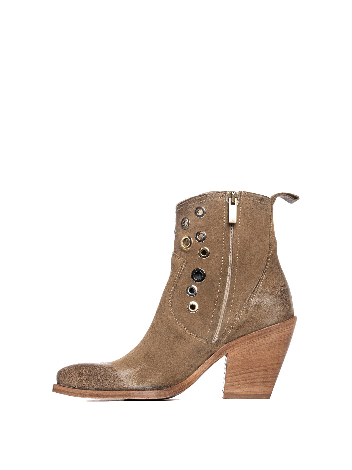 Tan Faux Suede Snip-Toe Eyelets Full-Zip Ankle Cowgirl Boots