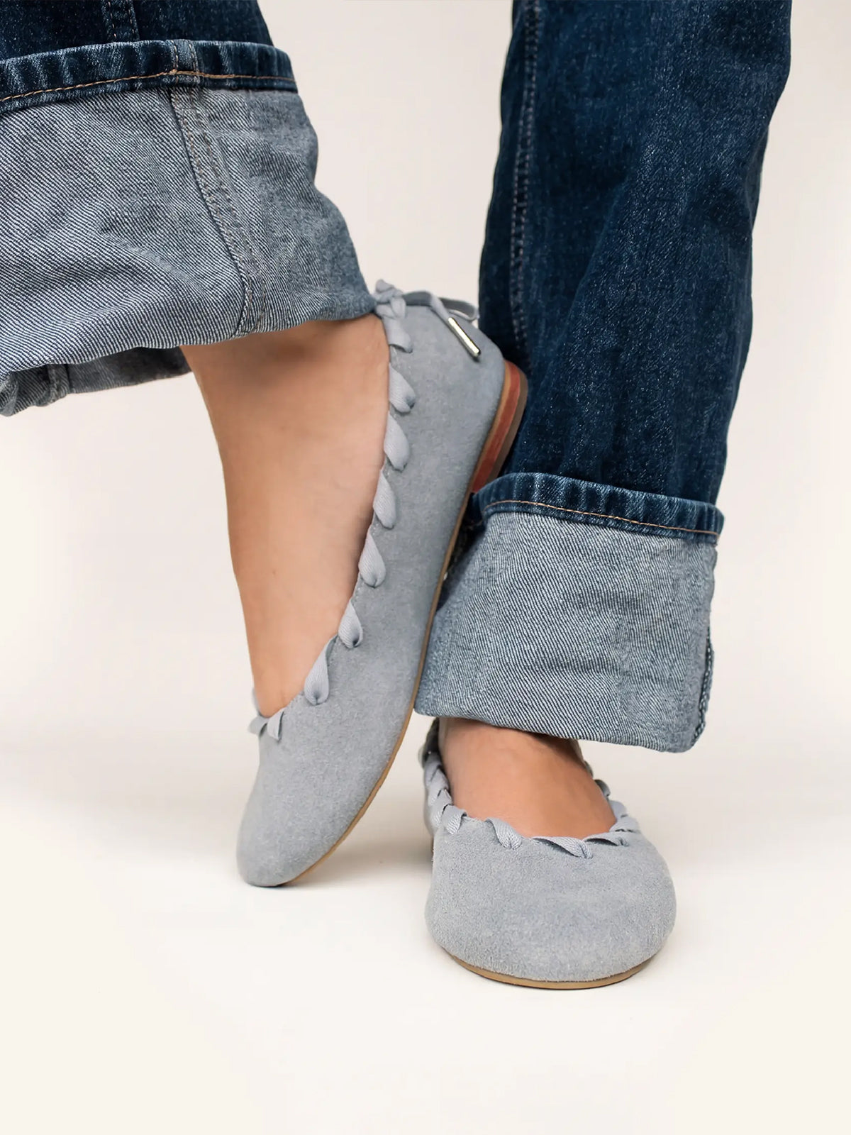 Gray Faux Suede Round-Toe Lace-Up Stylish Ballet Flats