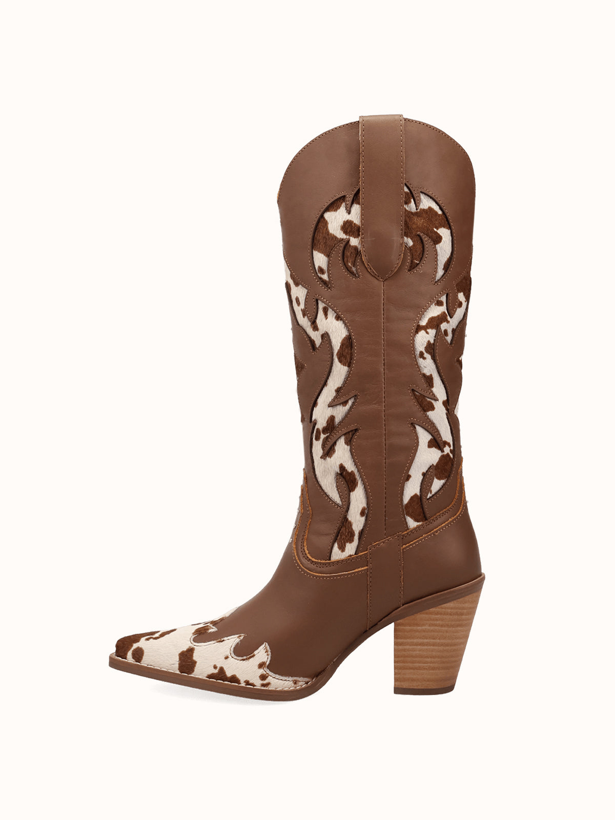 Contrast Brown And Cow Pattern Snip-Toe Mid Calf Cowgirl Boots
