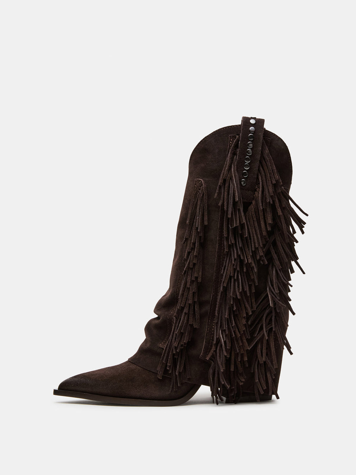 Dark Gray Faux Suede Pointed-Toe Full Fringe Fold-Over Mid Calf Cowgirl Boots