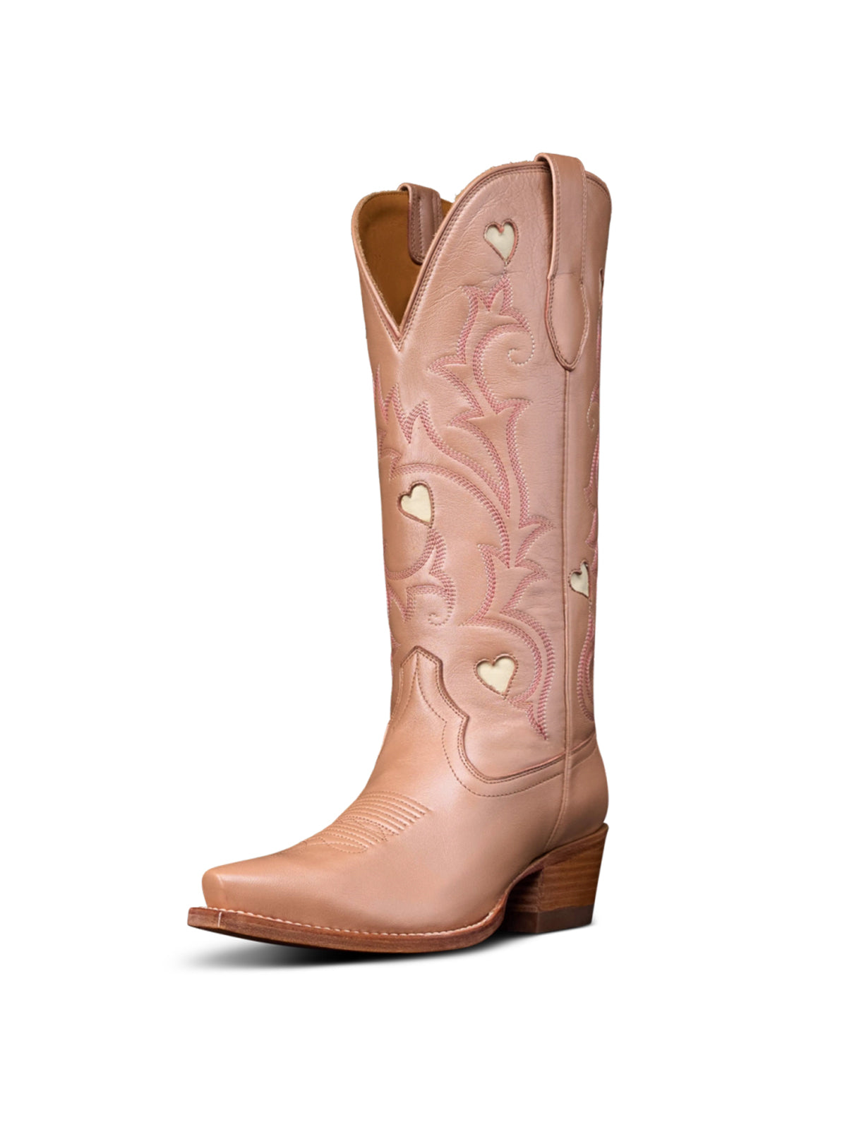 Metallic Rose Gold Snip-Toe Embroidery Heart Inlay Mid Calf Cowgirl Boots