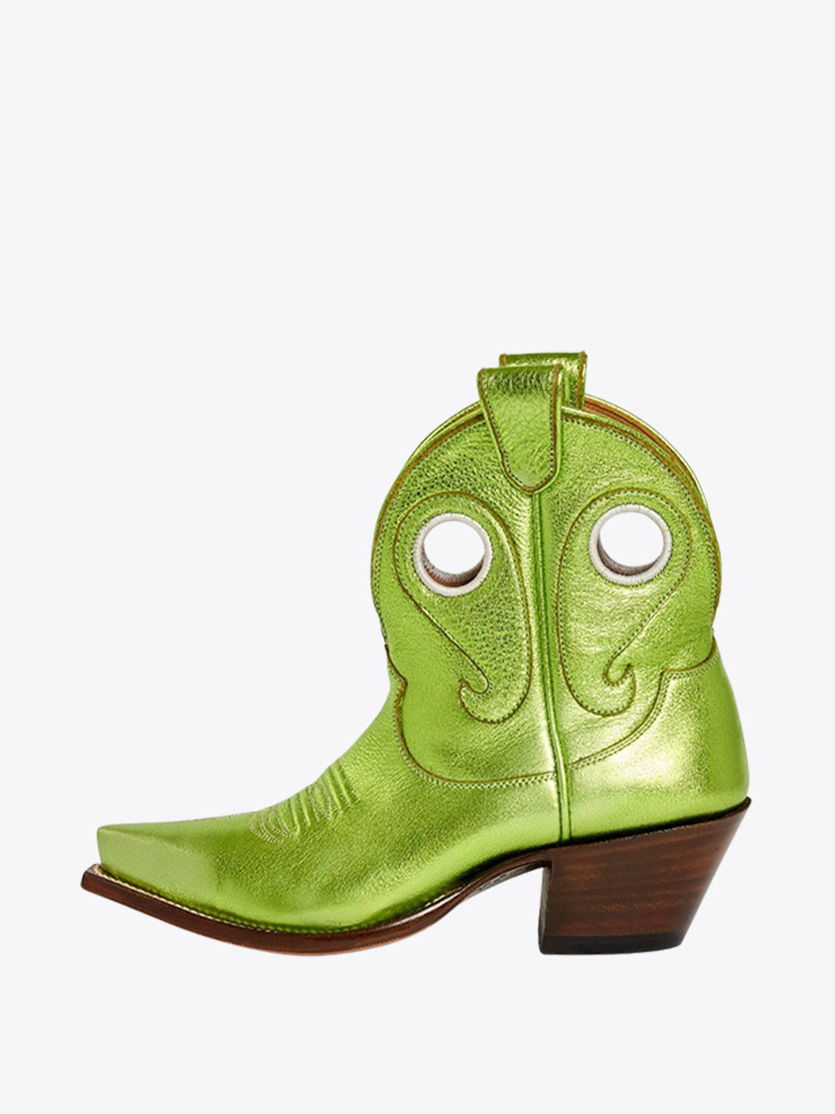 Metallic Green Stitch Cutout Snip-Toe Cowgirl Ankle Booties