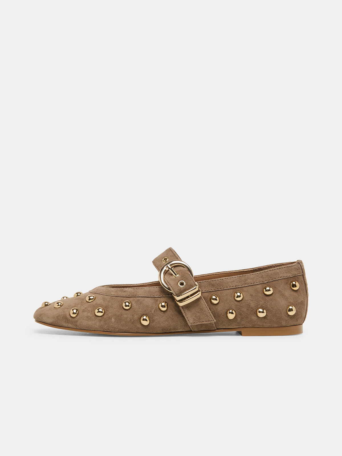 Olive Green Faux Suede Square-Toe Studs And Mary Jane Ballet Flats