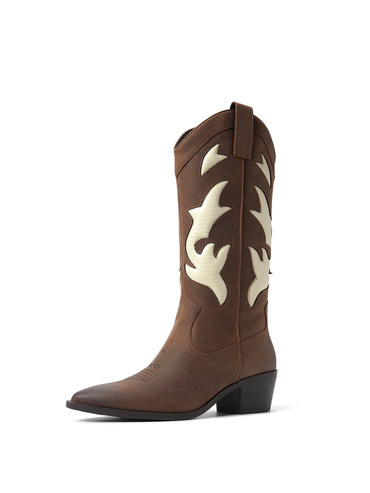 Brown Pointed-Toe Padded Inlay Full-Zip Mid Calf Cowgirl Boots