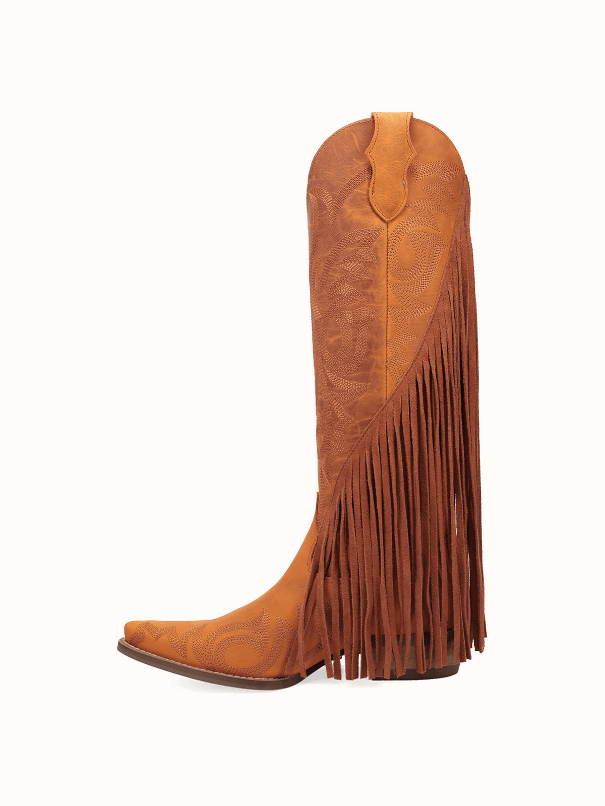 Rust Snip-Toe Faux Suede Side Fringe Embroidery Wide Calf Knee High Cowgirl Boots