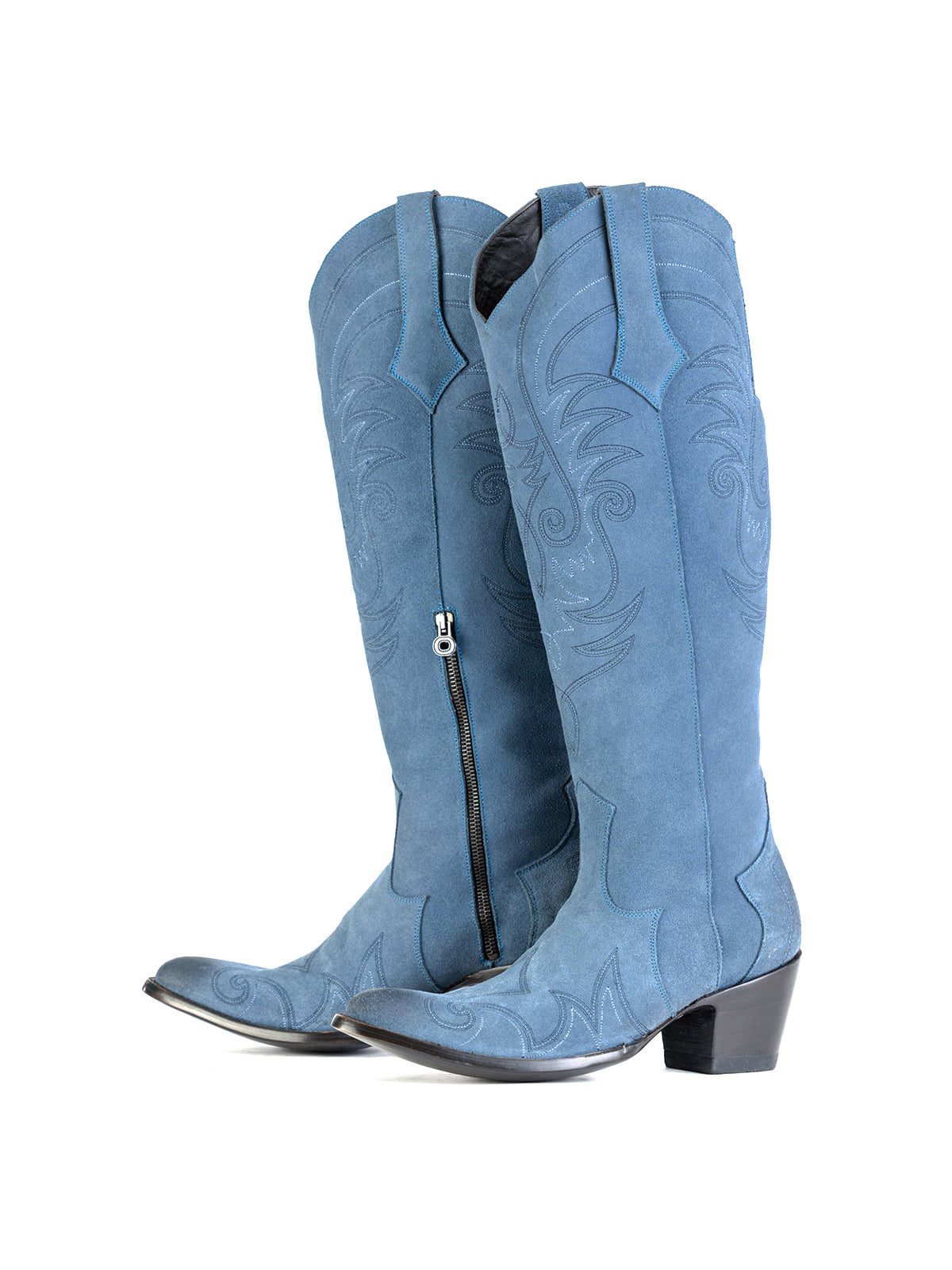 Side-Zip Pointed-Toe Chic Embroidery Wide Calf Knee High Cowgirl Boots - Blue