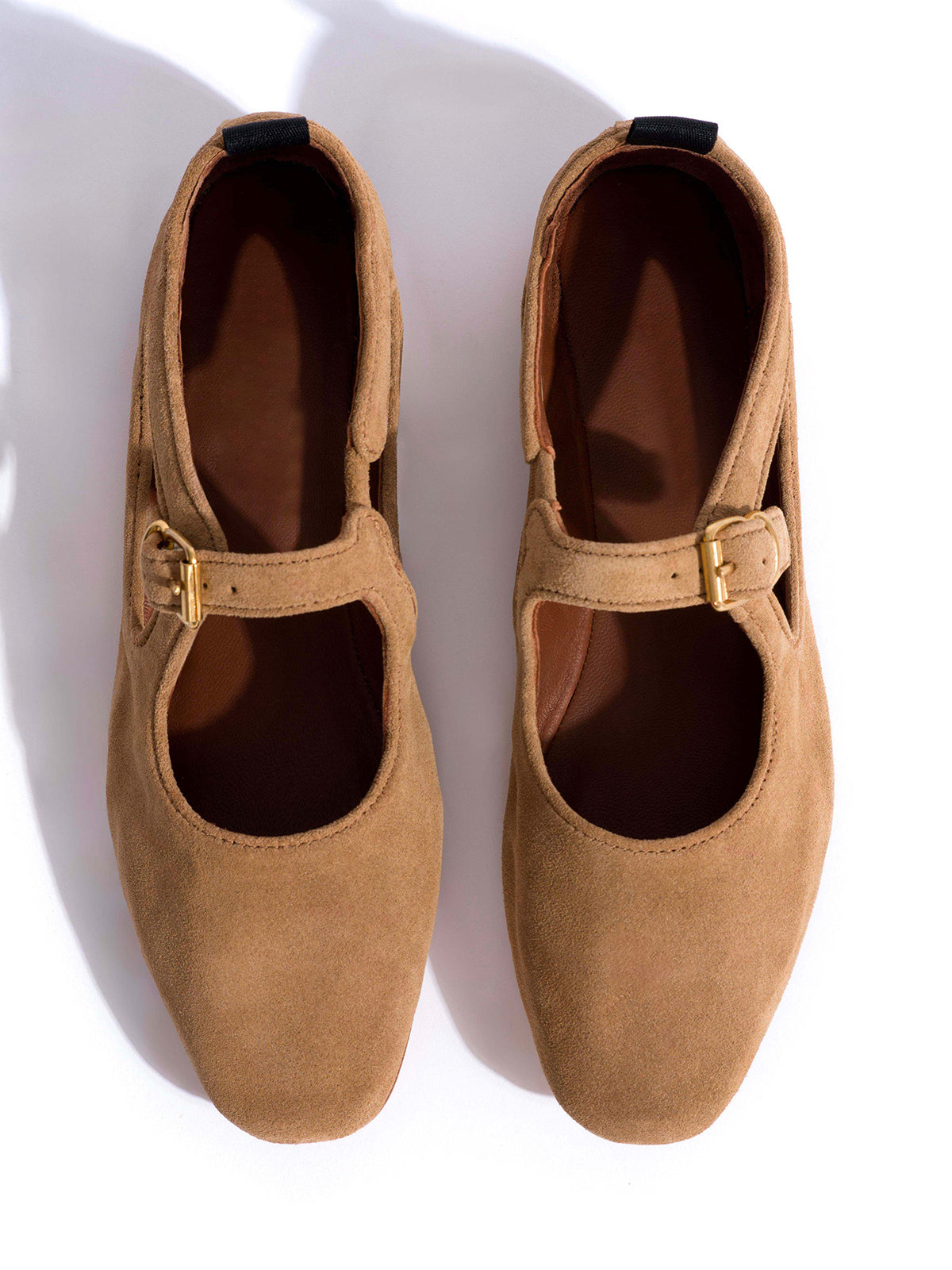 Square-Toe Buckle Strap Chic Flats - Light Tan Faux Suede