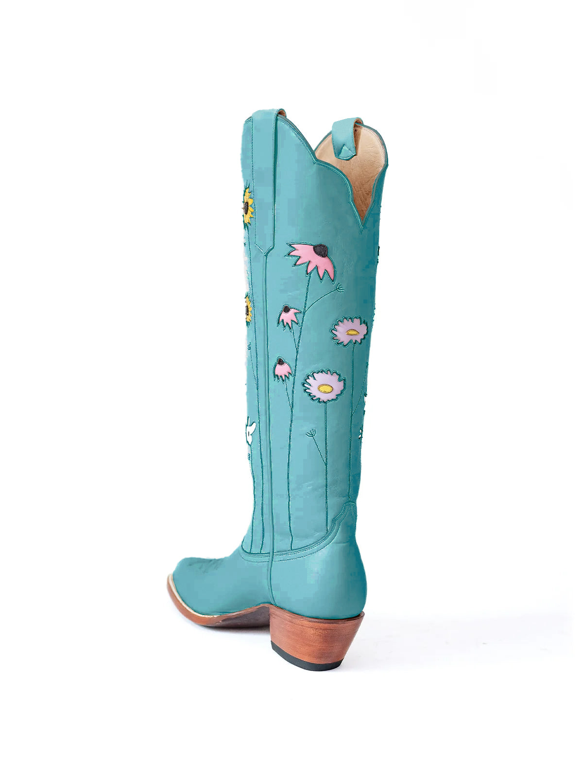 Teal Almond-Toe Colorful Flowers Inlay Wide Calf Knee High Cowgirl Boots