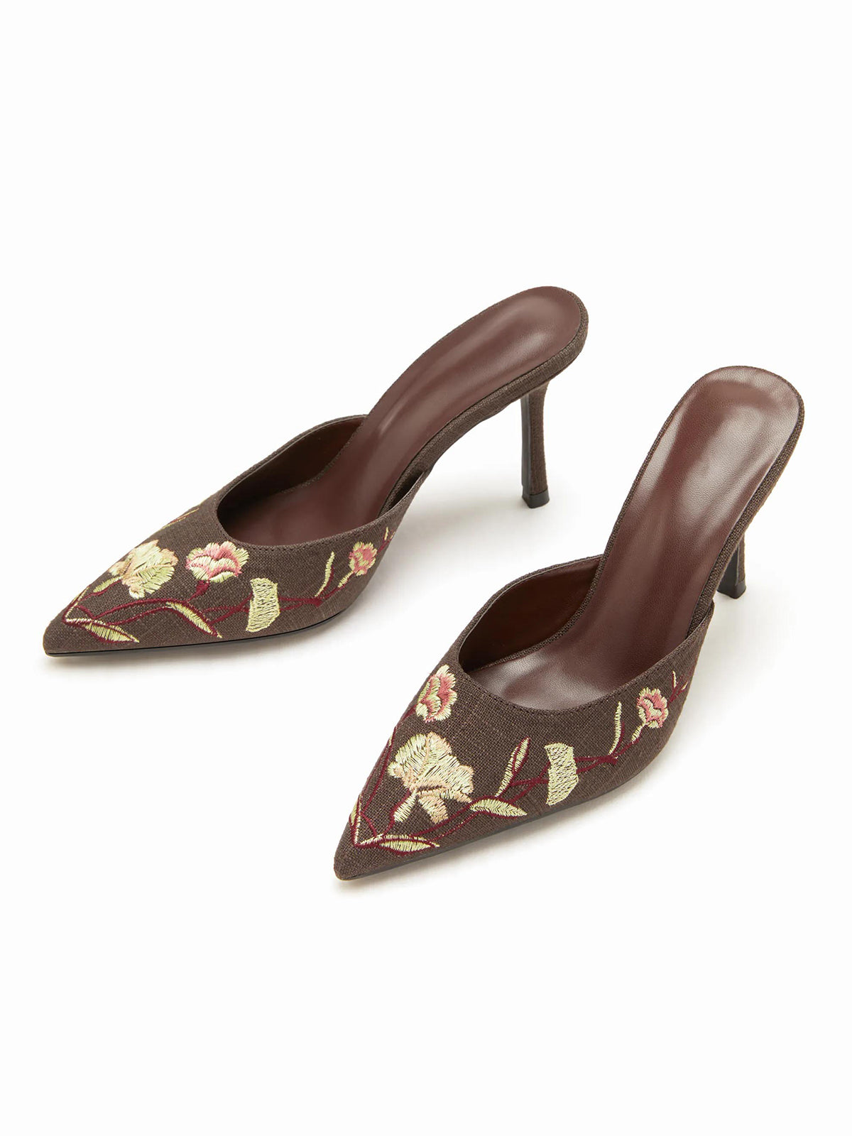 Coffee Woven Canvas Pointed-Toe Flower Embroidery Slip-On High Heels