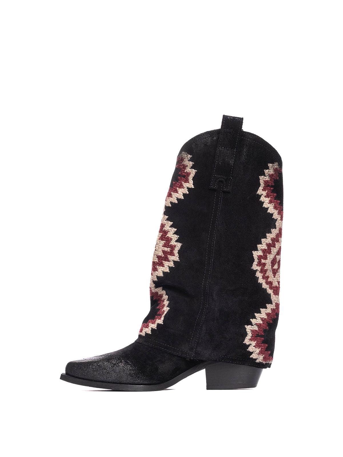 Side Fringe Snip-Toe Embroidery Fold-Over Mid Calf Cowgirl Boots - Black Faux Suede