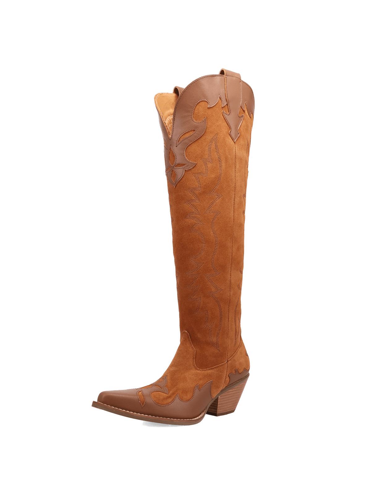 Camel Faux Suede Snip-Toe Embroidery Vegan Leather Applique Wide Calf Knee High Cowgirl Boots