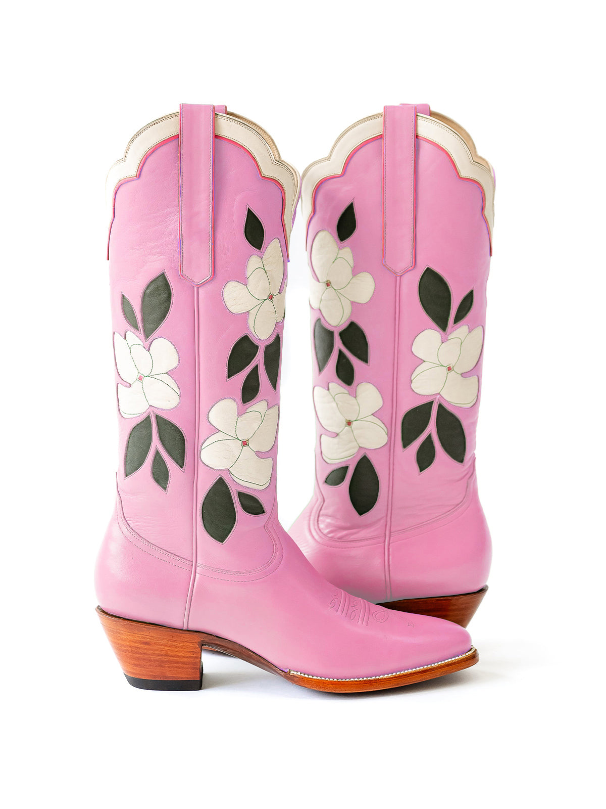Pink Almond-Toe White Flower Inlay Wide Calf Knee High Cowgirl Boots