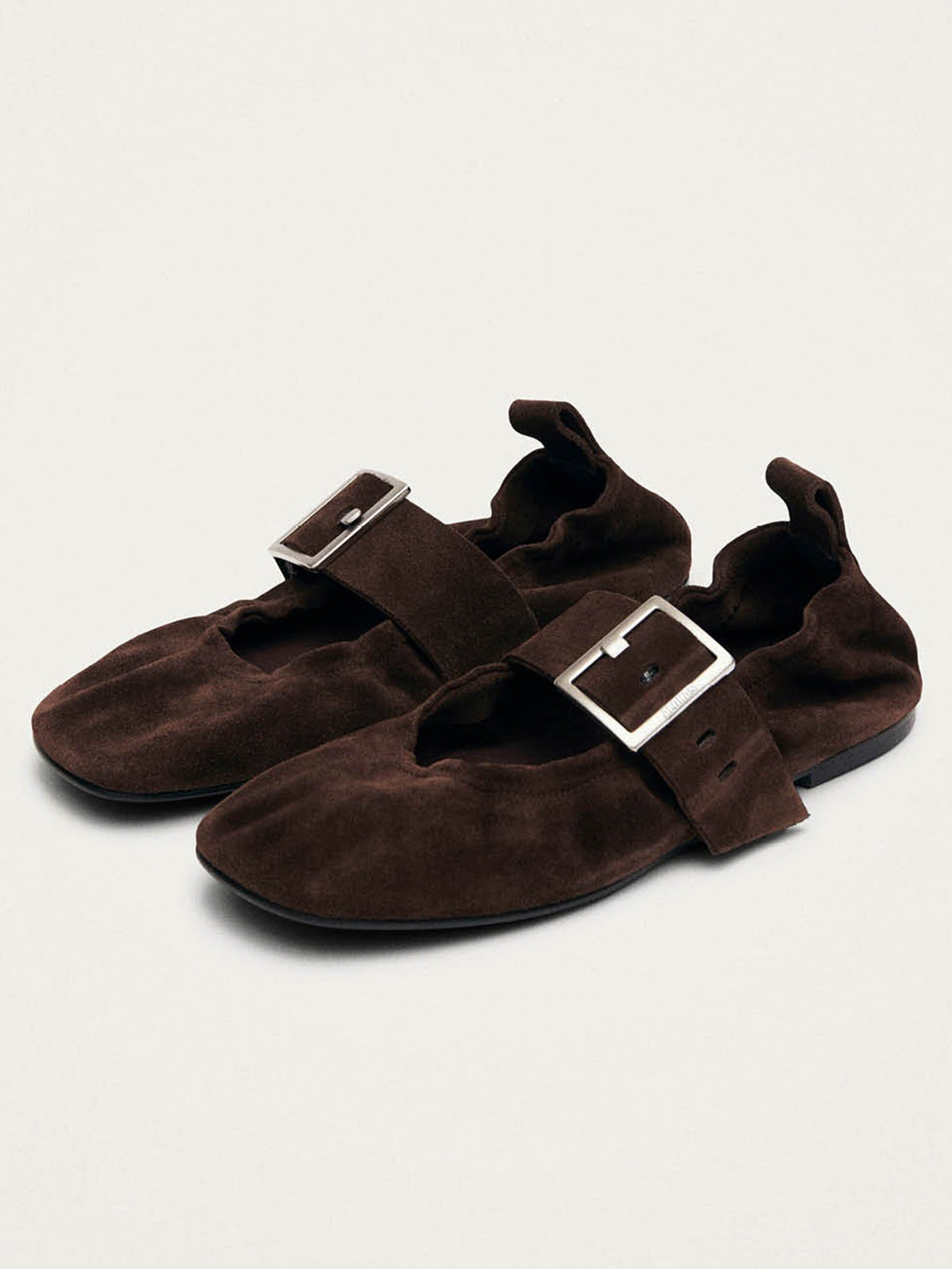 Brown Faux Suede Square-Toe Big Buckle Middle Strap Chic Ballet Flats