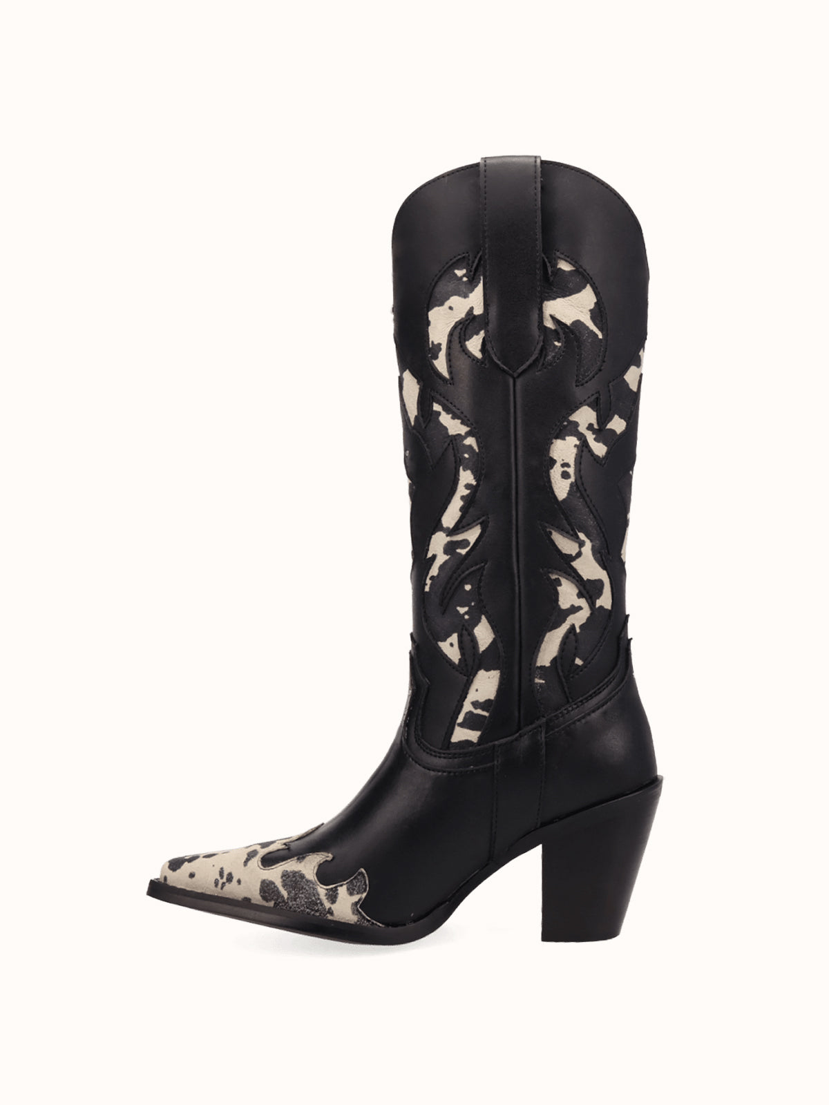 Contrast Black And Cow Pattern Snip-Toe Mid Calf Cowgirl Boots