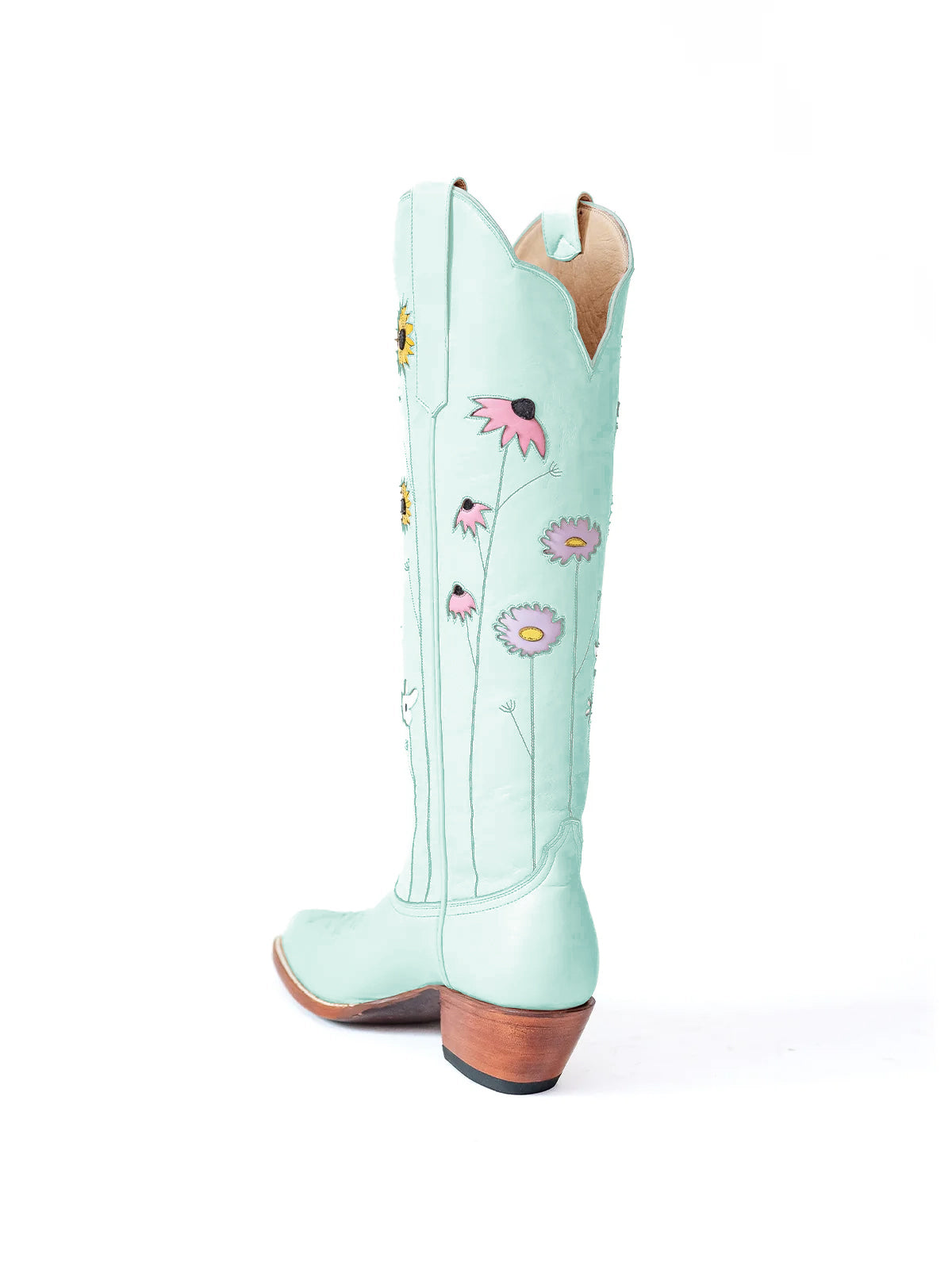 Light Blue Almond-Toe Colorful Flowers Inlay Wide Calf Knee High Cowgirl Boots