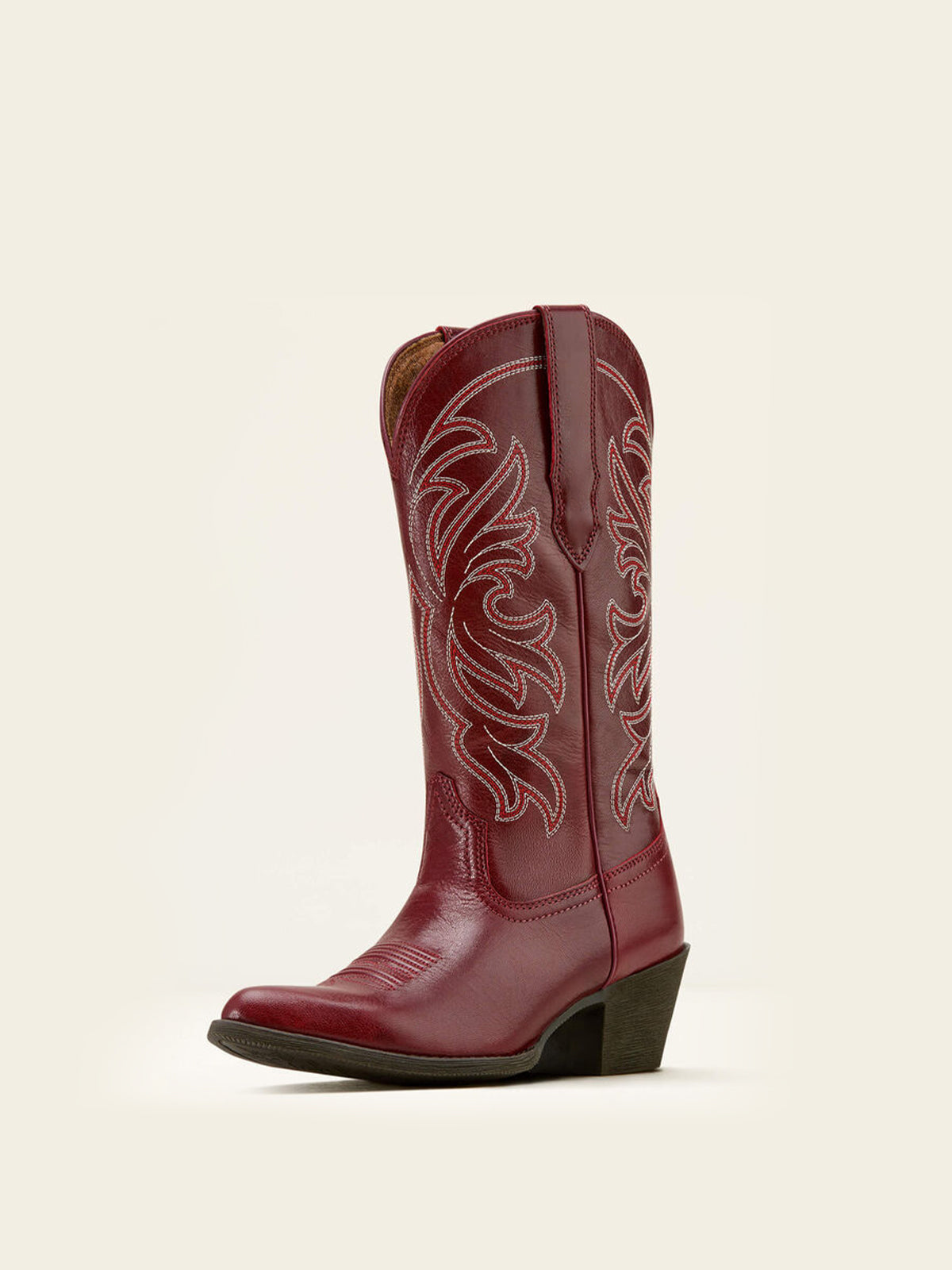 Mid Calf Almond-Toe Embroidery Cowgirl Boots - Burgundy