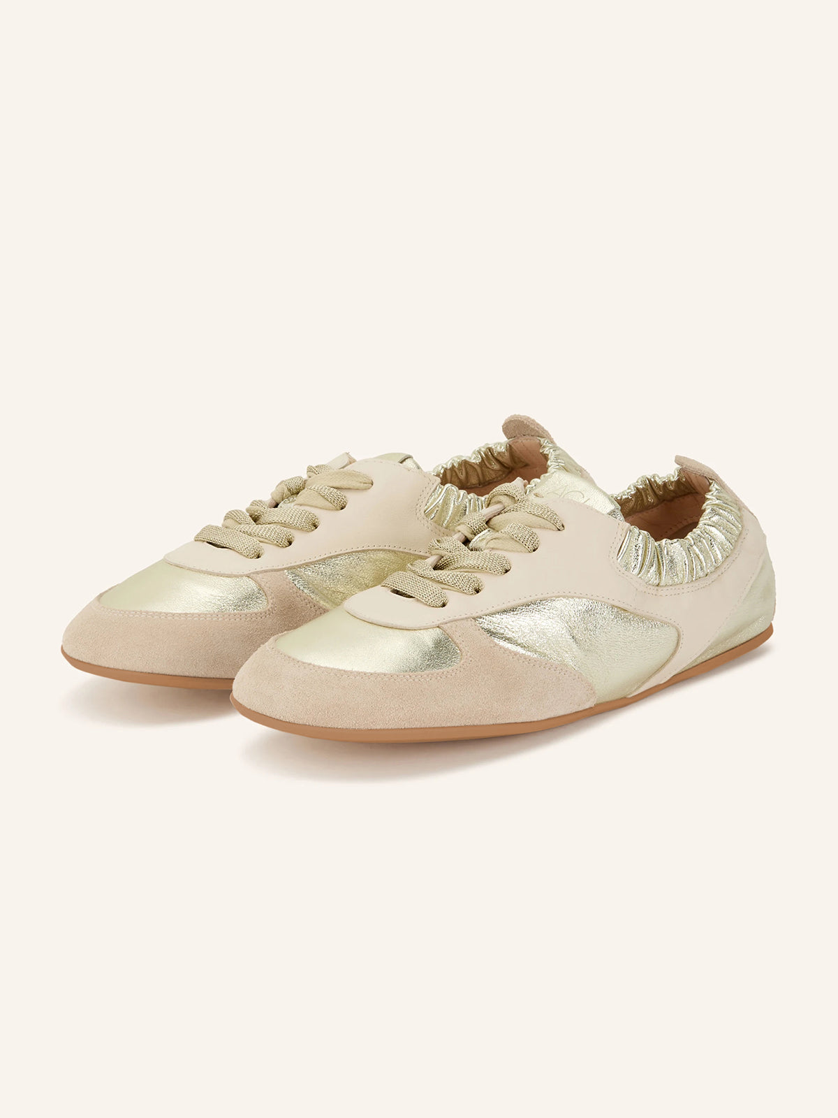 Light Brown And Gold Cow Suede Round-Toe Lace-Up Chic Flats Sneakers