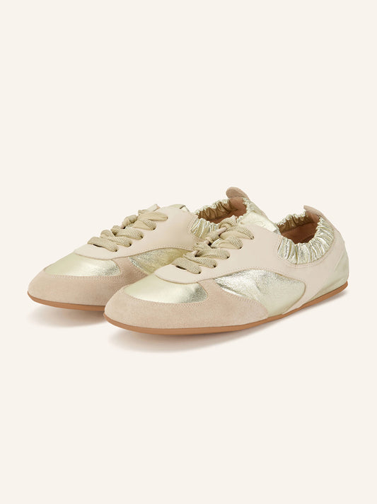 Light Brown And Gold Cow Suede Round-Toe Lace-Up Chic Flats Sneakers