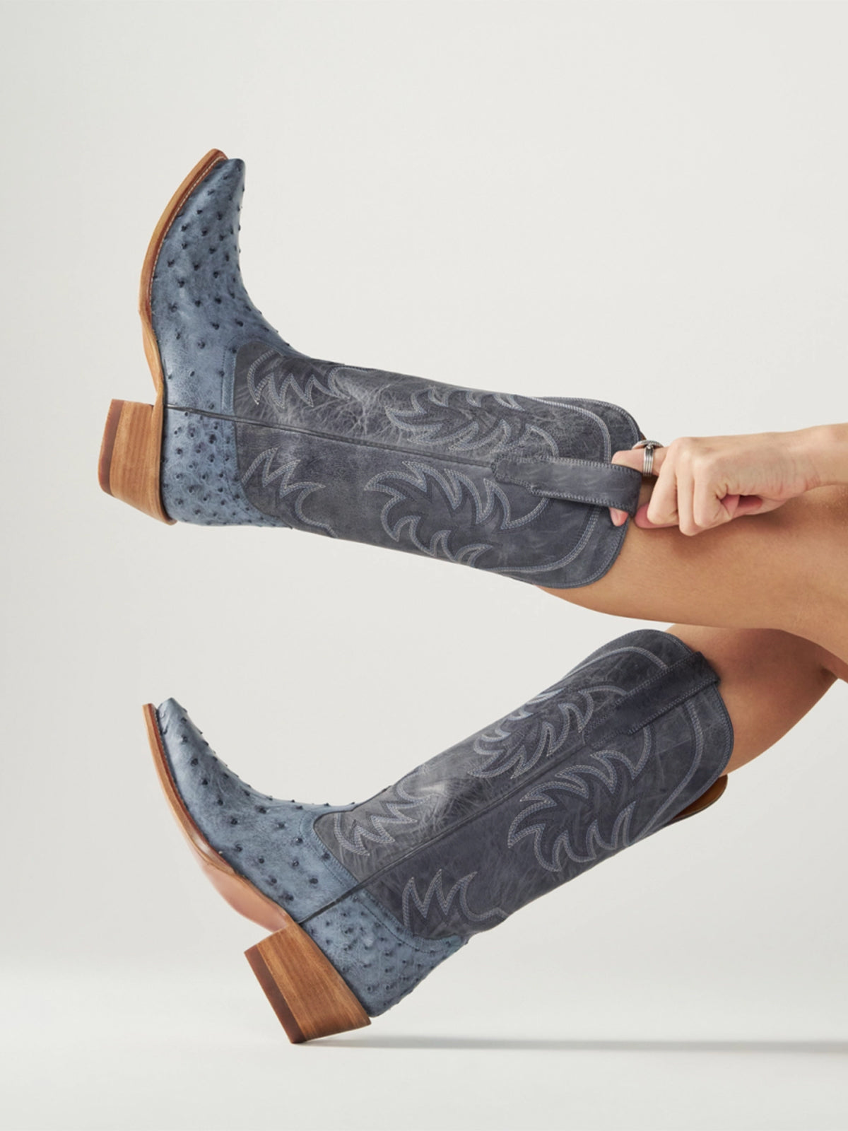 Contrast Dark Gray And Gray Blue Ostrich Pattern Snip-Toe Embroidery Mid Calf Cowgirl Boots