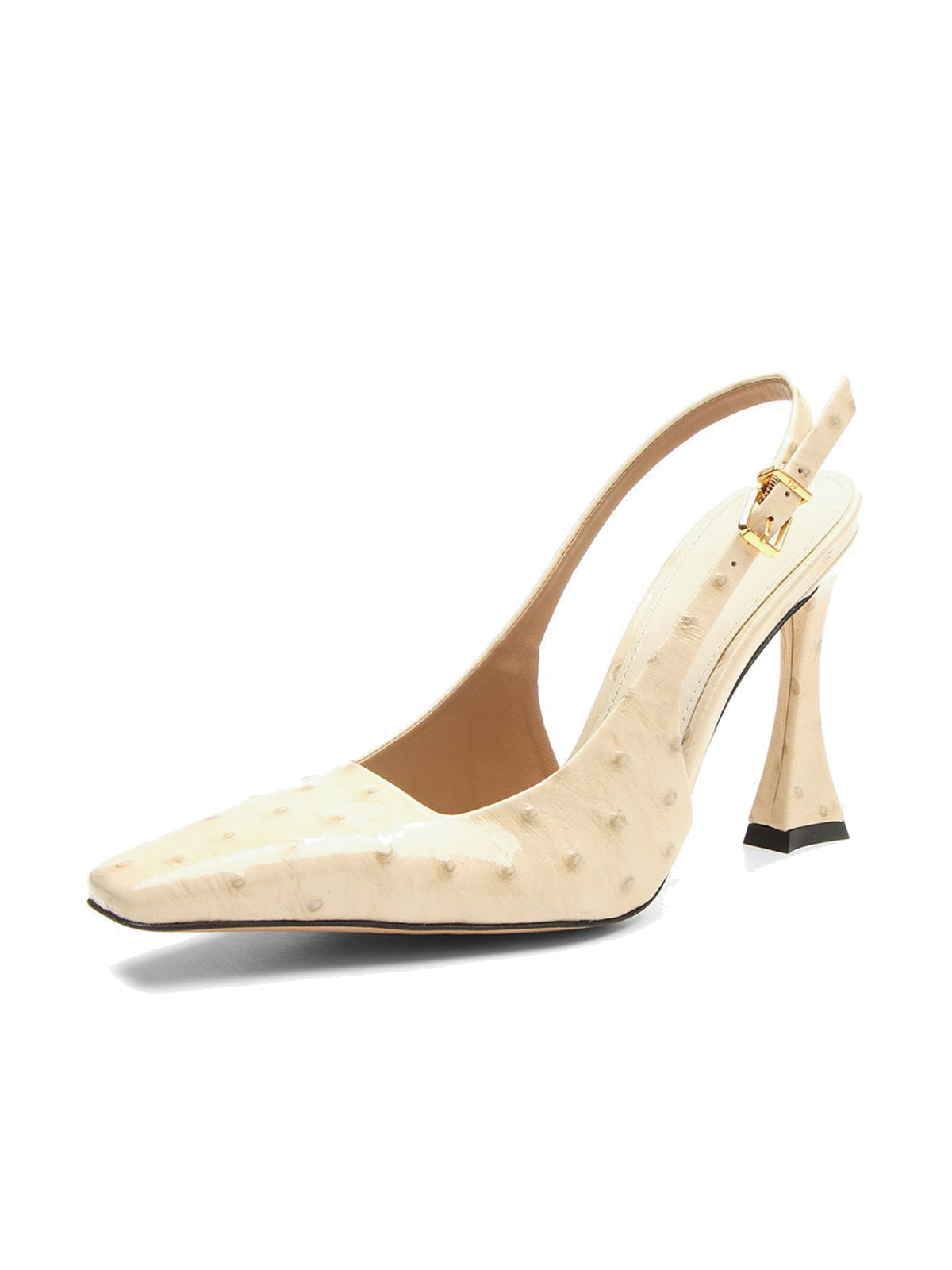 Beige Ostrich Pattern Square-Toe Buckle Back Strap High Heels